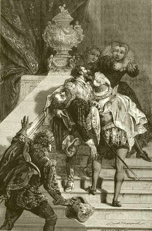 Henry IV såret, ført til Louvre av English School