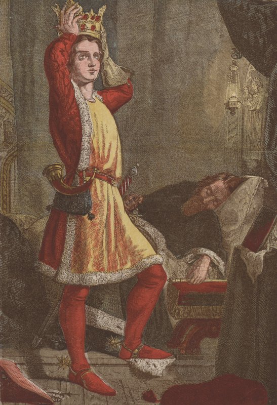 Henry, Prince of Wales, den fremtidige kong Henry V, prøver på sin fars krone (chromolitho) av English School