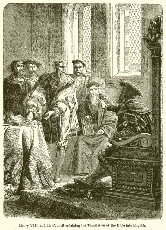 Henrik VIII. og hans råd som ordinerte oversettelsen av Bibelen til engelsk av English School