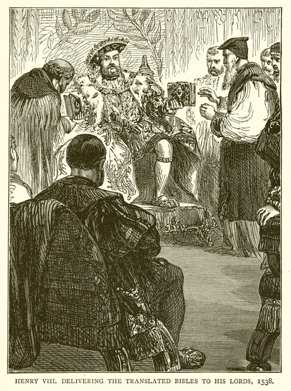 Henry VIII leverer de oversatte bibler til sine herrer, 1538 av English School