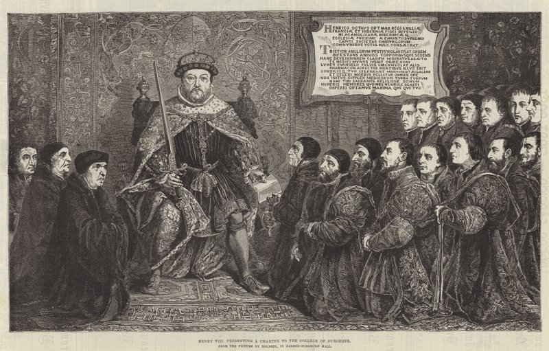 Henry VIII presenterer et charter til College of Surgeons (gravering) av English School