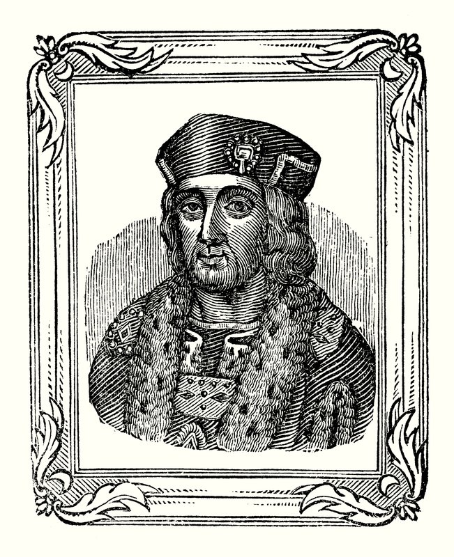 Henry VII ble født i 1457, kronet i 1485 og døde i 1509 (gravering) av English School