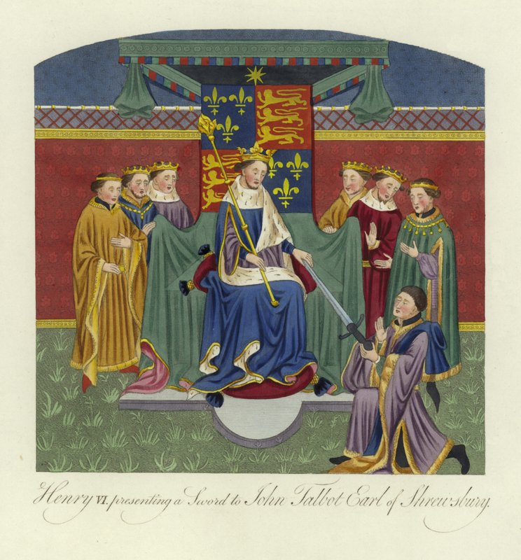 Henry VI, konge av England, overrakte et sverd til John Talbot, jarl av Shrewsbury, 1400-tallet av English School