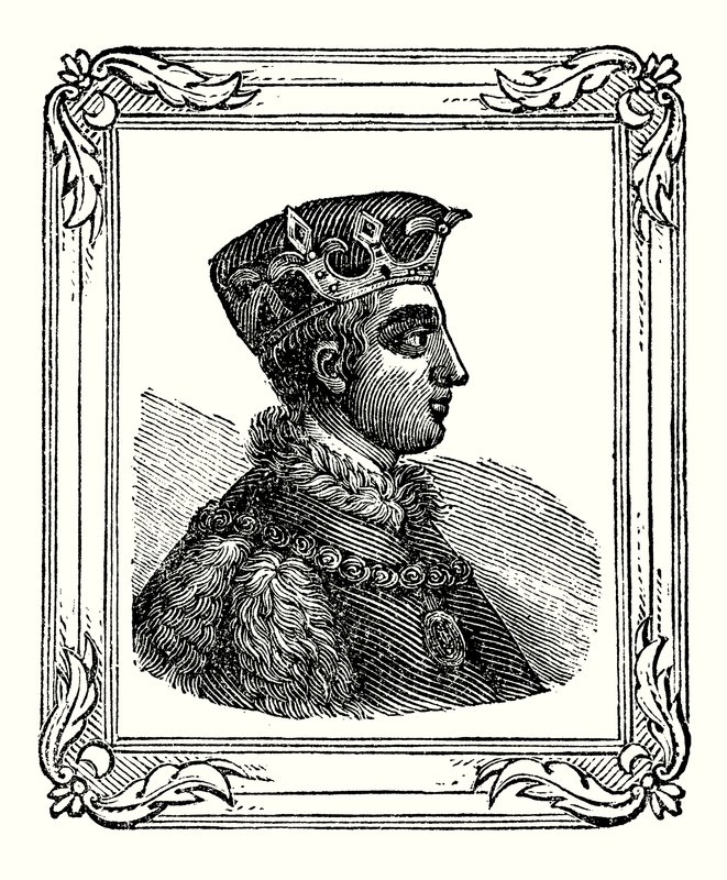 Henry V ble født i 1388, kronet i 1413 og døde i 1422 (gravering) av English School