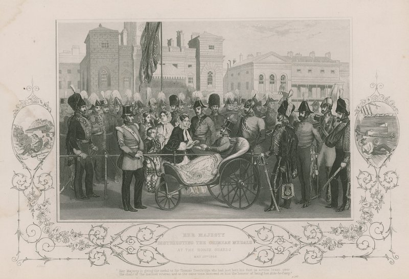 Hennes Majestet delte ut Krim-medaljene ved hestevaktene, 18. mai 1856 av English School