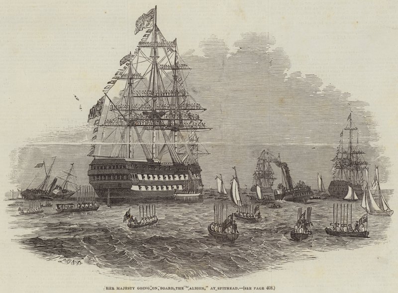 Hennes Majestet går ombord på "Albion" ved Spithead (gravering) av English School