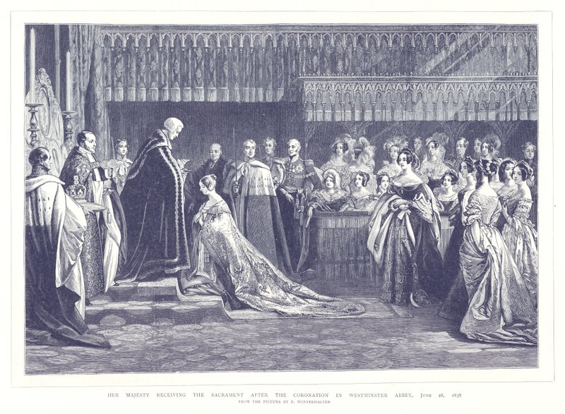 Hennes Majestet mottar sakramentet etter kroningen i Westminster Abbey, 28. juni 1838 av English School