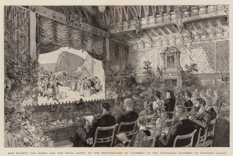 Hennes Majestet Dronningen og det kongelige partiet ved fremføringen av "Carmen" i Waterloo-kammeret på Windsor Castle (gravering) av English School