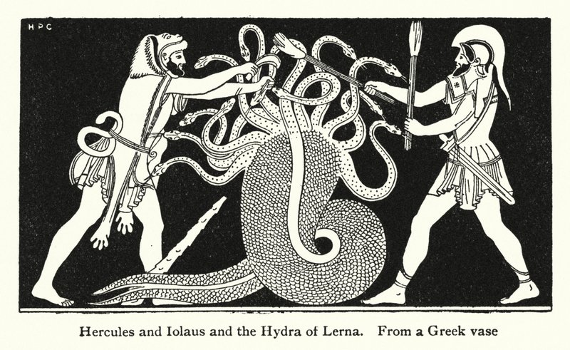 Hercules og Iolaus og Hydraen til Lerna (litho) av English School