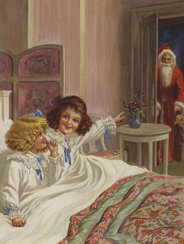 "Her er julenissen!" (farge litho) av English School