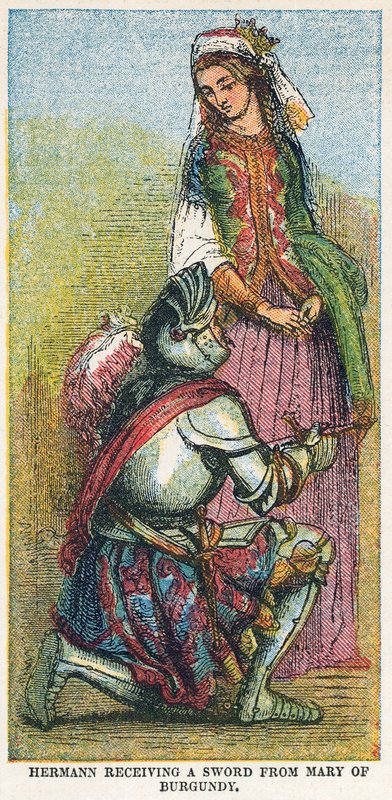 Hermann mottar et sverd fra Mary of Burgundy av English School