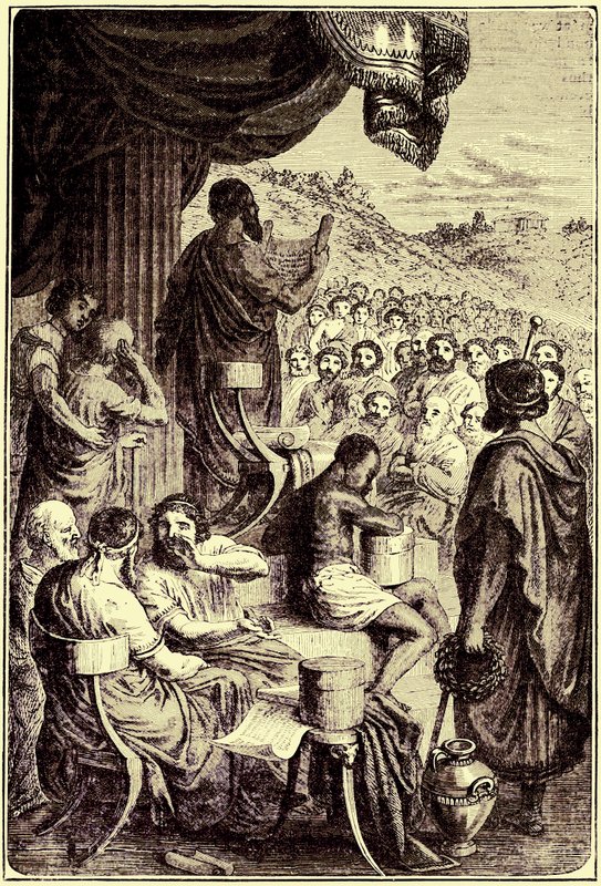 Herodotos leser historien sin på en offentlig festival, illustrasjon fra The Illustrated History of the World, utgitt ca. 1880 (digitalt forbedret bilde) av English School
