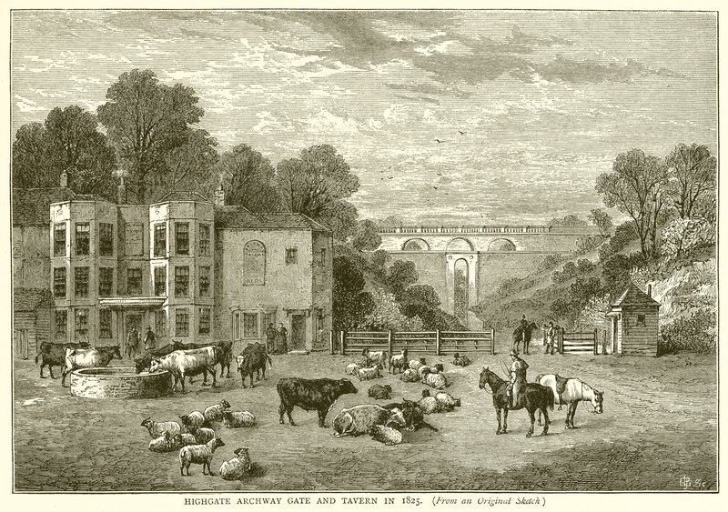 Highgate Archway Gate and Tavern i 1825 av English School