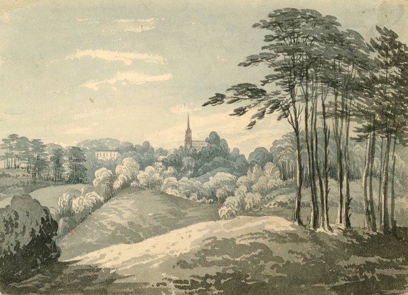 Highgate Church, London, fra Hampstead Heath (wc på papir) av English School