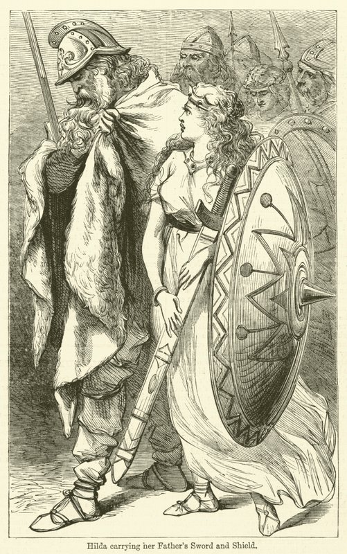 Hilda bærer farens sverd og skjold (gravering) av English School