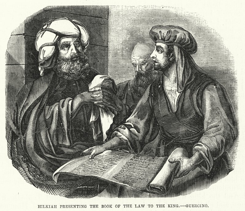 Hilkiah presenterer lovens bok til kongen, Guercino (gravering) av English School