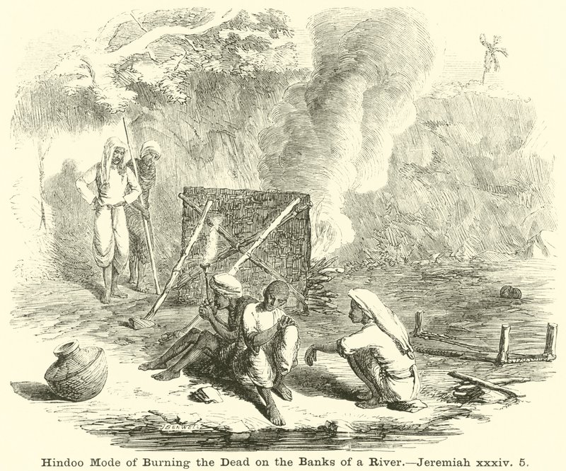 Hindoo-modus for å brenne de døde på bredden av en elv, Jeremiah, xxxiv, 5 av English School