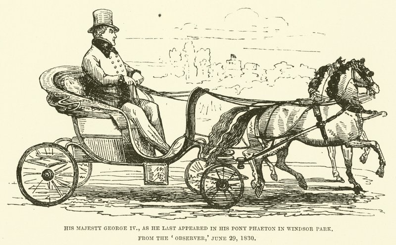 Hans Majestet George IV, som han sist dukket opp i sin ponni Phaeton i Windsor Park, fra Observer, 29. juni 1830 (gravering) av English School