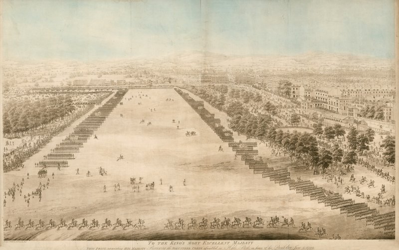 Hans Majestet gjennomgår frivilligkorpset samlet i Hyde Park, til ære for hans fødselsdag 4. juni 1799 av English School