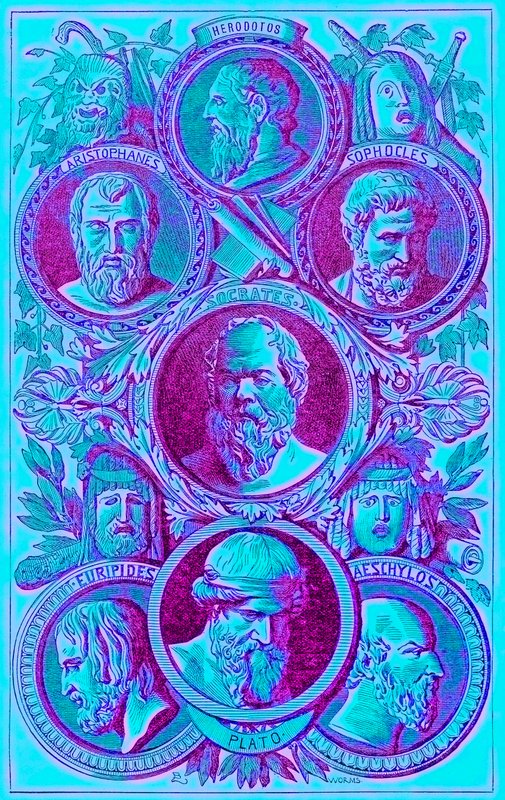 Historikere, filosofer og dramatikere fra antikkens Hellas, illustrasjon fra The Illustrated History of the World, publisert ca. 1880 (digitalt forbedret bilde) av English School