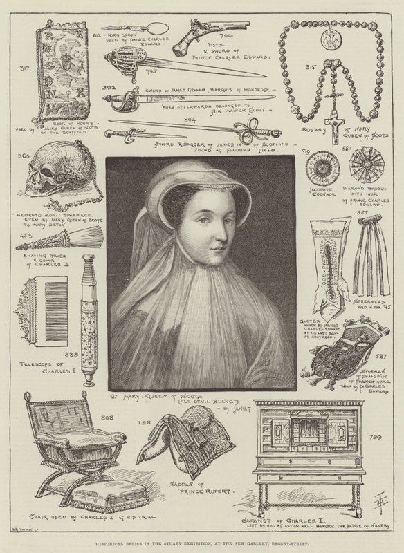 Historiske relikvier i Stuart-utstillingen, på New Gallery, Regent-Street (gravering) av English School