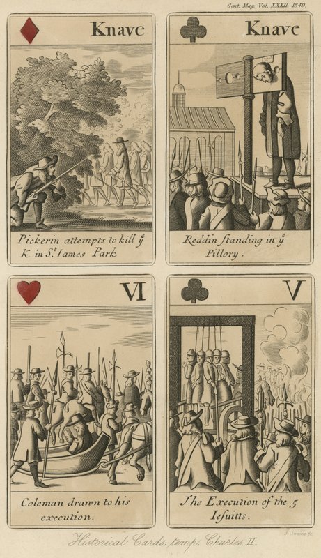 Historiske spillkort som forteller historien om kong Charles II av English School