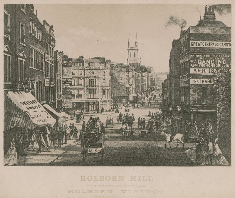Holborn Hill, slik den ser ut før byggingen av Holborn-viadukten av English School