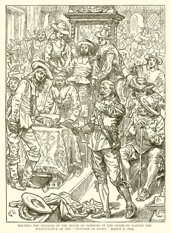 Holde taleren for Underhuset i formannskapet etter å ha vedtatt opprettholdelsen av rettighetsbegjæringen, 2. mars 1629 av English School