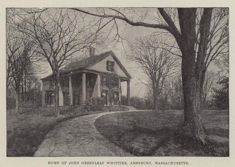 Hjemmet til John Greenleaf Whittier, Amesbury, Massachusetts (gravering) av English School