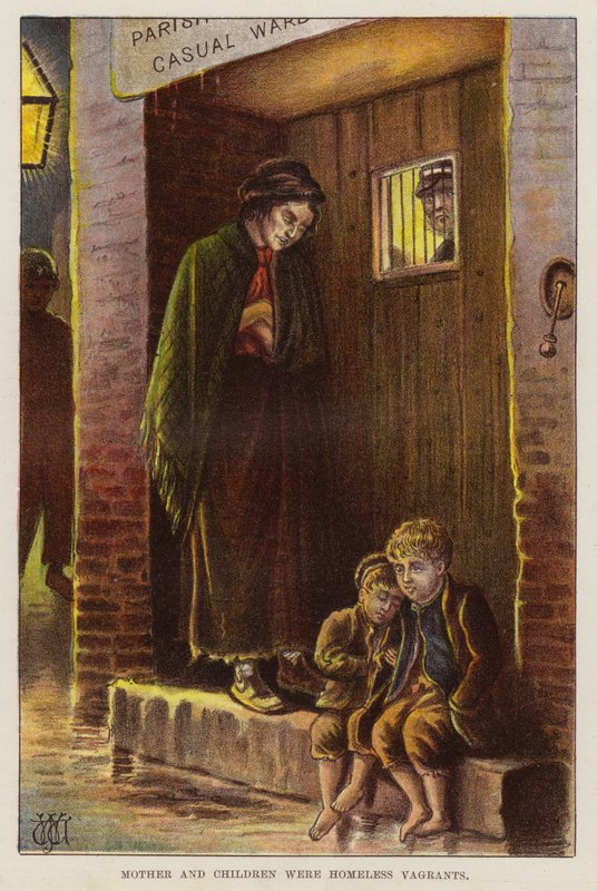 Hjemløs mor og barn i det viktorianske Storbritannia (chromolitho) av English School