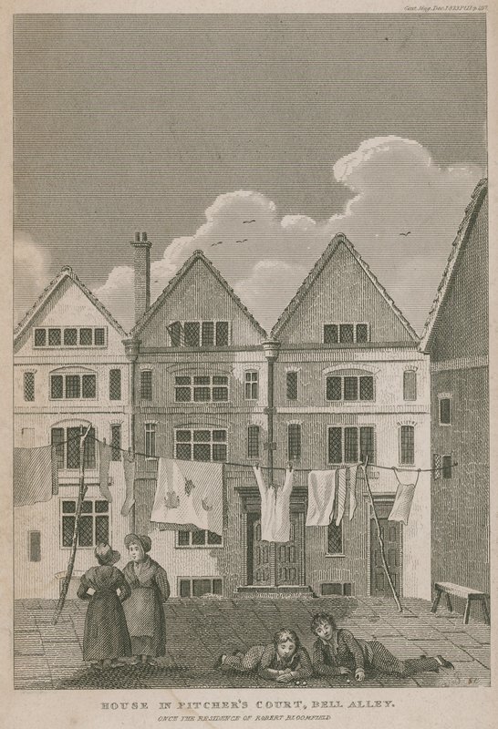 Hus i Pitchers Court, Bell Alley, en gang residensen til Robert Bloomfield av English School