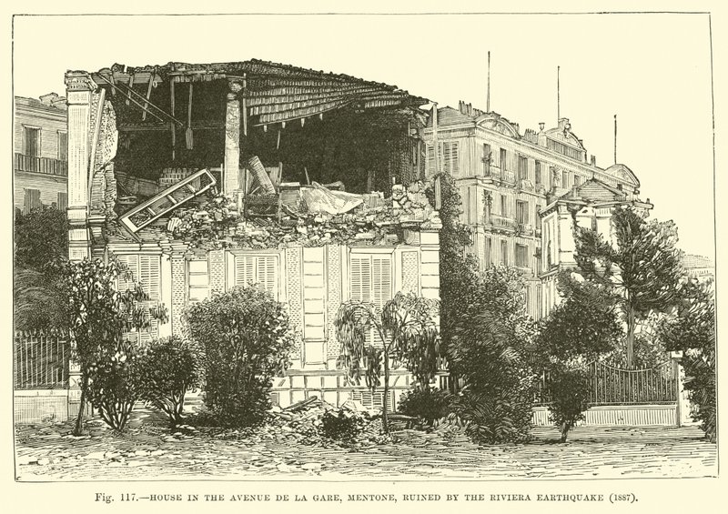 Hus i Avenue de la Gare, Mentone, ødelagt av jordskjelvet på Riviera, 1887 av English School