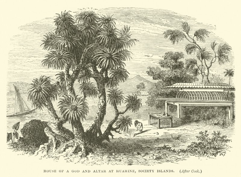 Huset til en gud og alter på Huahine, Society Islands, etter Cook av English School