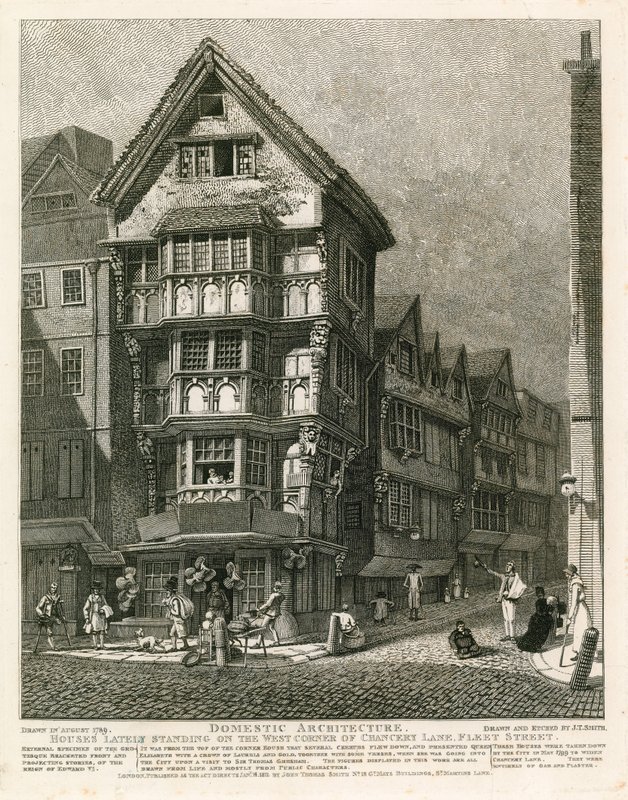 Hus nylig stående på det vestlige hjørnet av Chancery Lane, Fleet Street, London av English School
