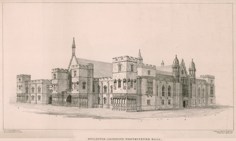 Houses of Parliament: Bygninger ved siden av Westminster Hall av English School
