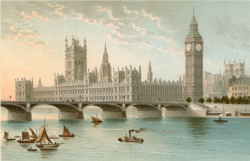 Houses of Parliament og Westminster Bridge av English School