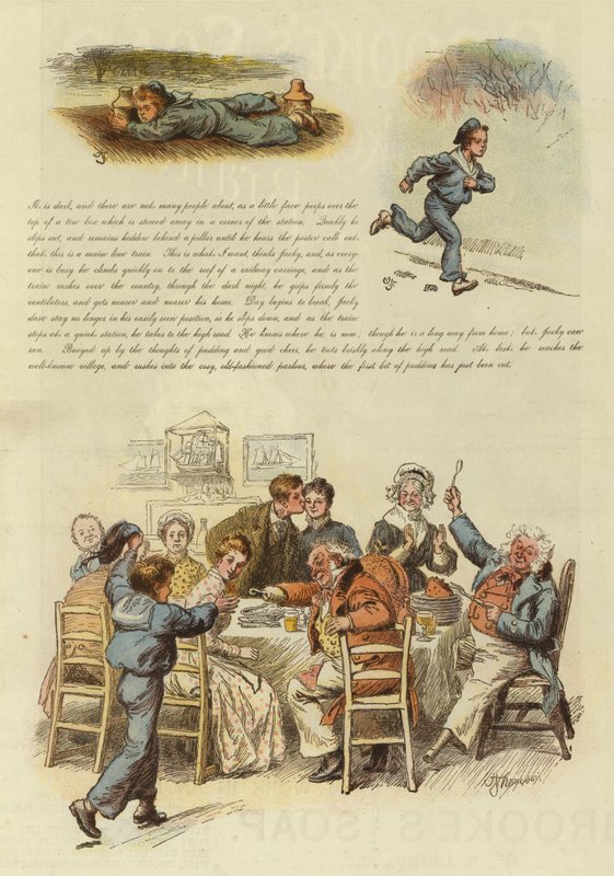 Hvordan Jacky Marlinspike kom hjem i tide for Christmas Pudding (farge litho) av English School