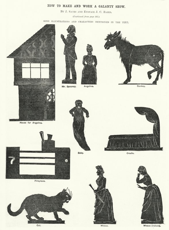 Hvordan lage og jobbe et Galanty Show, av J Sachs og Eustace J C Baird (gravering) av English School