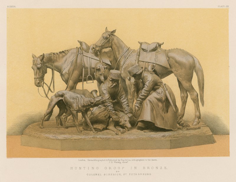 Jaktgruppe i bronse av oberst Siberich, St. Petersburg (chromolitho) av English School