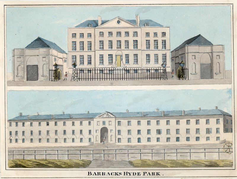 Hyde Park Barracks, London (wc på papir) av English School