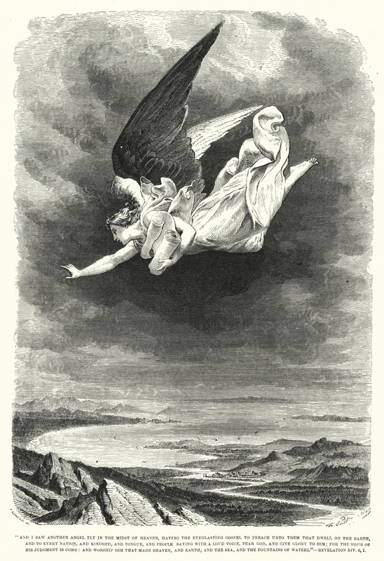 Jeg så en annen engel fly midt i himmelen, Åpenbaring XIV, 6, 7 (gravering) av English School