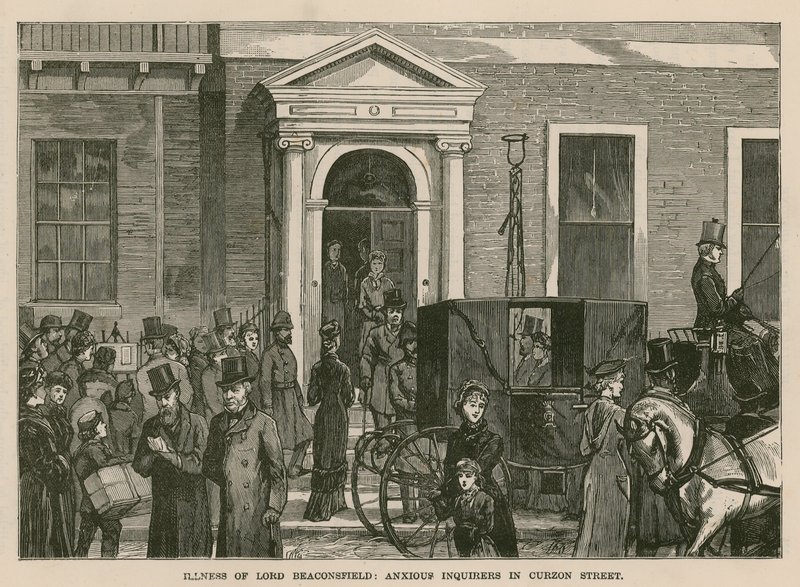 Illness of Lord Beaconsfield: engstelige spørreundersøkelser i Curzon Street, London av English School