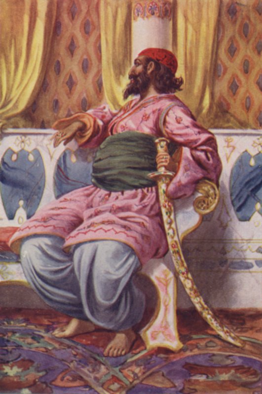 Illustrasjon for Ali Baba og de førti tyvene (farge litho) av English School