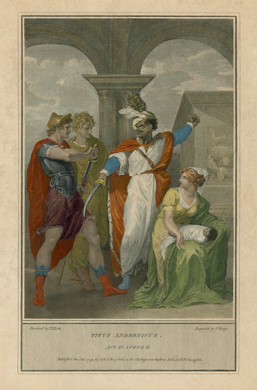Illustrasjon for Shakespeares Titus Andronicus, akt IV, scene 2 (farget gravering) av English School