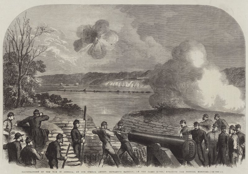 Illustrasjoner av krigen i Amerika, Howlett's Battery, ved James River, engasjerende Federal Monitors (gravering) av English School