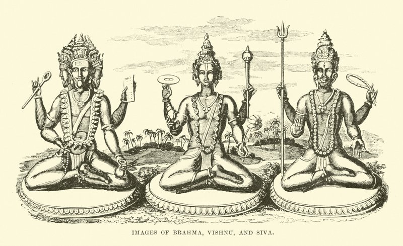 Bilder av Brahma, Vishnu og Siva av English School