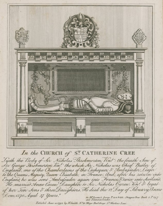 I Church of St Catherine Cree ligger liket av Sir Nicholas Throkmorton av English School