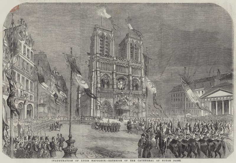 Innvielse av Louis Napoleon, eksteriør av katedralen i Notre Dame (gravering) av English School