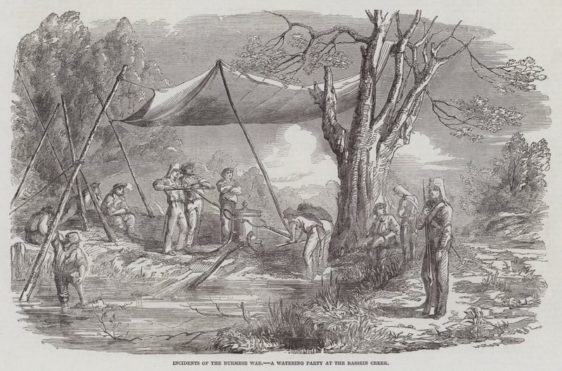 Hendelser av den burmesiske krigen, et vanningsfest ved Bassein Creek (gravering) av English School