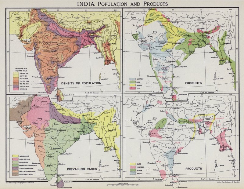 India, befolkning og produkter (farge litho) av English School